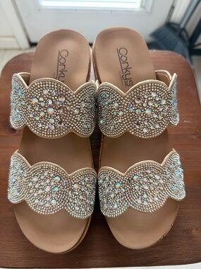 Corkys Silver Jeweled Scalloped Double-Band Slide Sandals